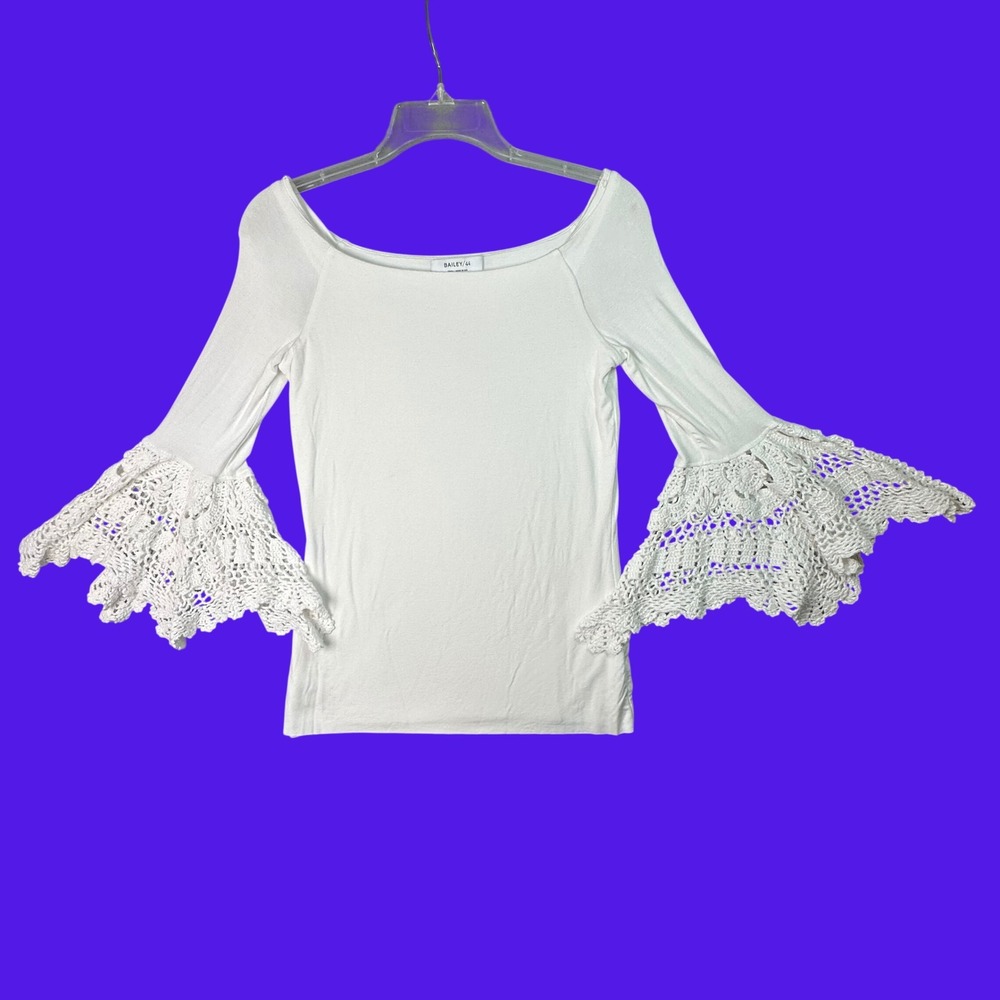 Bailey/44 Crochet Bell Sleeve Top Boho Fairycore Lace Boat Neck Small White